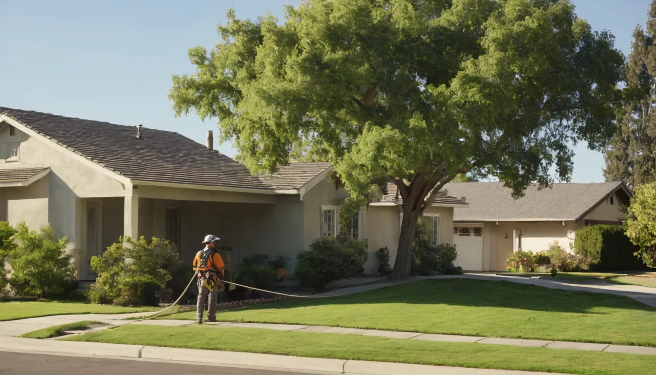 A large backyard tree beside a stucco home in Calabasas, with a provider's crew preparing to work